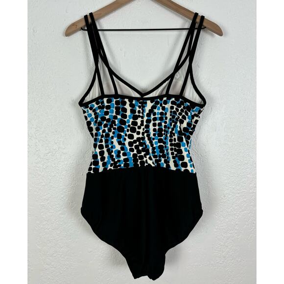 Miraclesuit Black/ Blue Dot V-Neck Double Strap One Piece Swimsuit Size 16 - Picture 2 of 4